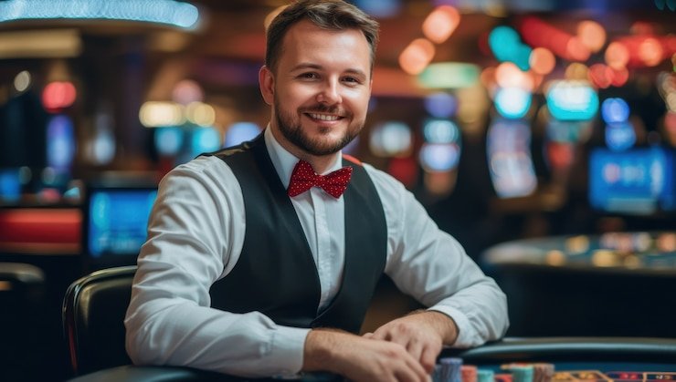 Layar live casino freespin menampilkan dealer blackjack dalam studio real-time